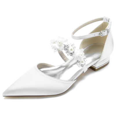 White Pearl Flowers Strap Flat Shoes Satin D'orsay Bridal Wedding Flats