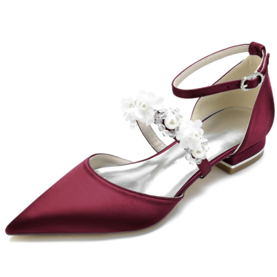 Burgundy Pearl Flowers Strap Flat Shoes Satin D'orsay Bridal Wedding Flats