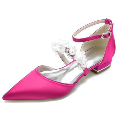 Magenta Pearl Flowers Strap Flat Shoes Satin D'orsay Bridal Wedding Flats