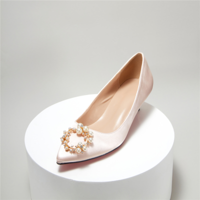 Pearl Rhinestones Decor Low Kitten Heel Wedding Shoes Pumps
