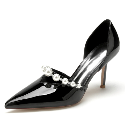 Black Pearl Strap D'orsay Pumps Shoes Slip On V Vamp Dresses Heels