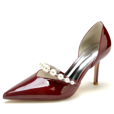 Burgundy Pearl Strap D'orsay Pumps Shoes Slip On V Vamp Dresses Heels