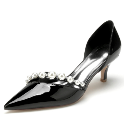 Black Pearl Strap V Vamp D'orsay Dress Shoes Kitten Low Heels