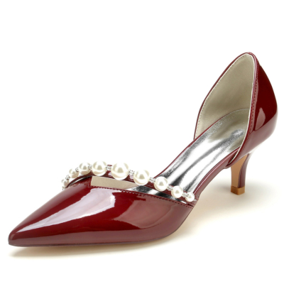 Burgundy Pearl Strap V Vamp D'orsay Dress Shoes Kitten Low Heels