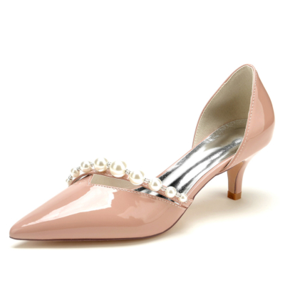 Pink Pearl Strap V Vamp D'orsay Dress Shoes Kitten Low Heels