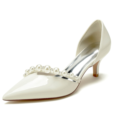 Beige Pearl Strap V Vamp D'orsay Dress Shoes Kitten Low Heels
