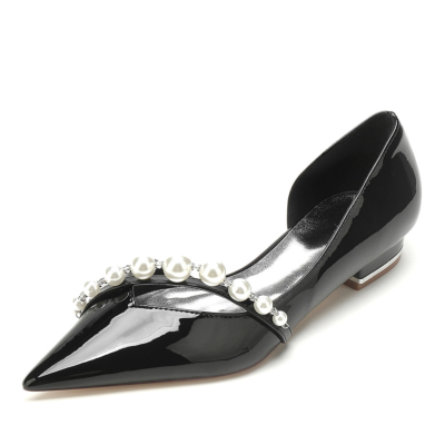 Black Pearl Strap Wedding D'orsay Flats Shoes Pointy Toe Bridal Flat Shoes