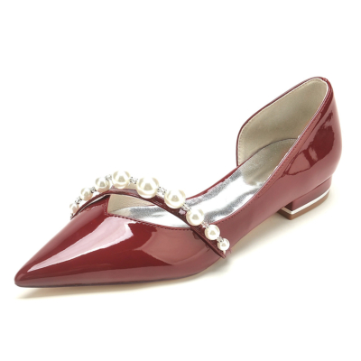 Burgundy Pearl Strap Wedding D'orsay Flats Shoes Pointy Toe Bridal Flat Shoes