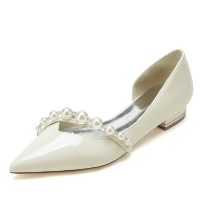 Beige Pearl Strap Wedding D'orsay Flats Shoes Pointy Toe Bridal Flat Shoes