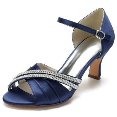 Navy Peep Toe Embellished Ankle Strap Sandals D'orsay With Block Heels