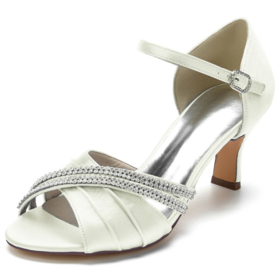 Ivory Peep Toe Embellished Ankle Strap Sandals D'orsay With Block Heels