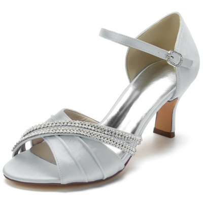 Grey Peep Toe Embellished Ankle Strap Sandals D'orsay With Block Heels