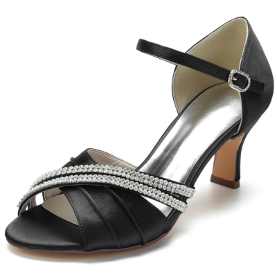 Black Peep Toe Embellished Ankle Strap Sandals D'orsay With Block Heels