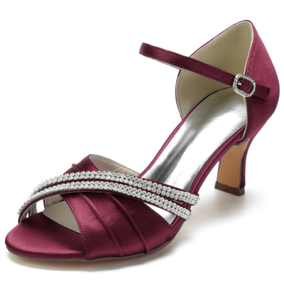 Burgundy Peep Toe Embellished Ankle Strap Sandals D'orsay With Block Heels