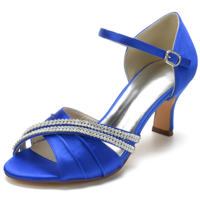 Royal Blue Peep Toe Embellished Ankle Strap Sandals D'orsay With Block Heels