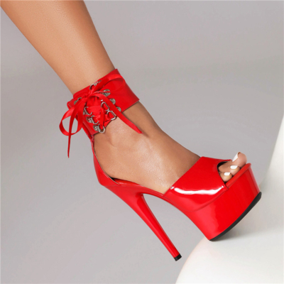 Red Peep Toe Lace Up Sandals Platform Stiletto Heel Sandals Dance Shoes