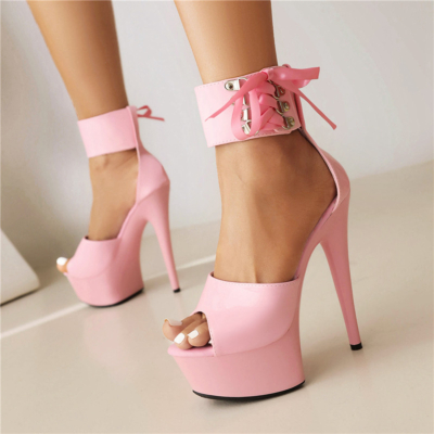 Pink Peep Toe Lace Up Sandals Platform Stiletto Heel Sandals Dance Shoes