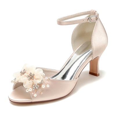 Champagne Peep Toe Mesh Flowers Kitten Heel Wedding Sandals Low Heel Bride's Shoes