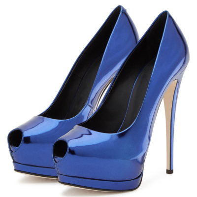 Blue Peep Toe Platform Pumps with Stiletto Heels Dresses Shoes