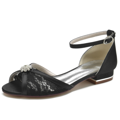 Black Peep Toe Rhinestone Lace Ankle Strap Flat Wedding Shoes