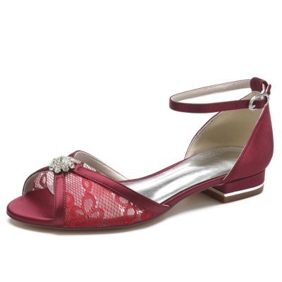 Burgundy Peep Toe Rhinestone Lace Ankle Strap Flat Wedding Shoes