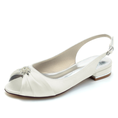Ivory White Peep Toe Rhinestone Satin Slingback Flat Weddng Shoes