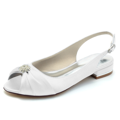 White Peep Toe Rhinestone Satin Slingback Flat Weddng Shoes