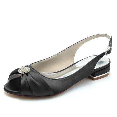 Black Peep Toe Rhinestone Satin Slingback Flat Weddng Shoes