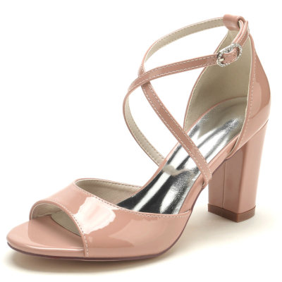 Pink Peep Toe Sandal Cross Strap Chunky Heel Comfy Sandals Heels for Dress