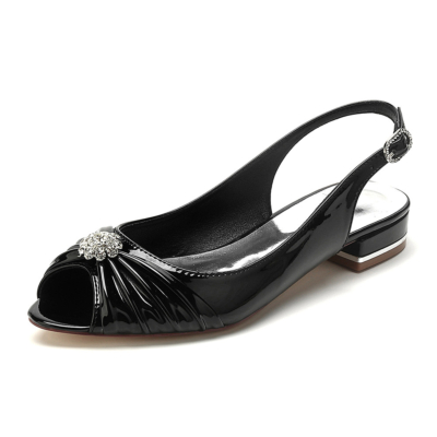 Black Peep Toe Slingback Flats Jewelled Flower Flat Shoes for Dance