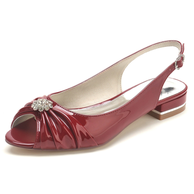 Burgundy Peep Toe Slingback Flats Jewelled Flower Flat Shoes for Dance