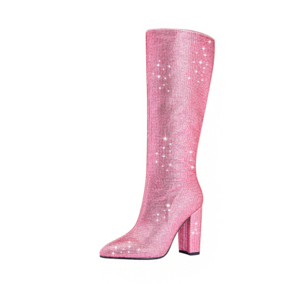 Pink Rhinestone Chunky Heels Knee High Boots