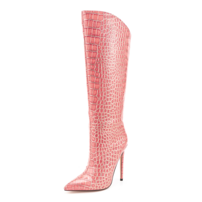 Pink Snake Print Stiletto Heel Party Pull On Knee High Boots for Dress