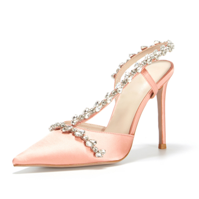 Pink Satin Crystal Cross Strap Heeled Sandals Closed Toe Bridal Slingback Shoes