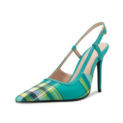 Green Plaid Pattern Pointed Toe Slingback Heels Stiletto Heel Sandals