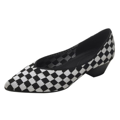 White&Black Plaid Wedge Heels Pointed Toe V-Vamp Pumps Shoes