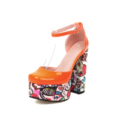 Orange Platform Ankle Strap Block Heels Color-Block Heeled Buckle Graffiti Shoes