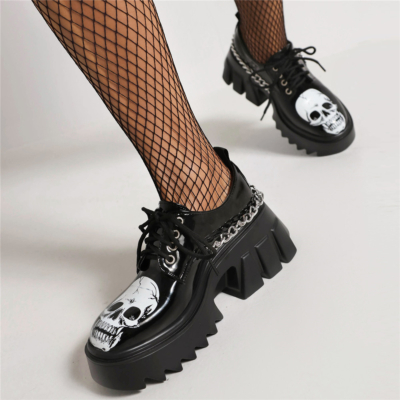Black Patent Platform Chunky Heel Lace Up Loafers Cross Chain Gothic Shoes