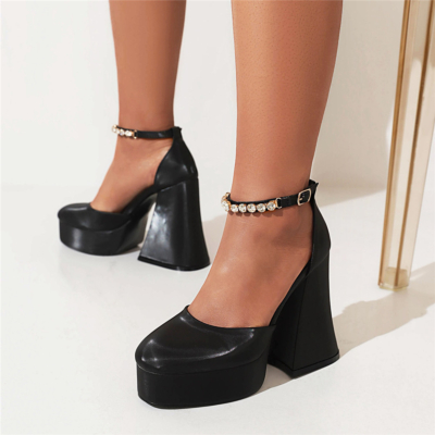 Black Platform Chunky Heel Pumps Satin Rhinestone Ankle Strap D'orsay Shoes