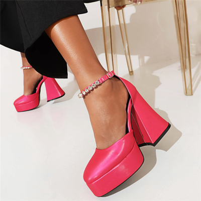Magenta Platform Chunky Heel Pumps Satin Rhinestone Ankle Strap D'orsay Shoes