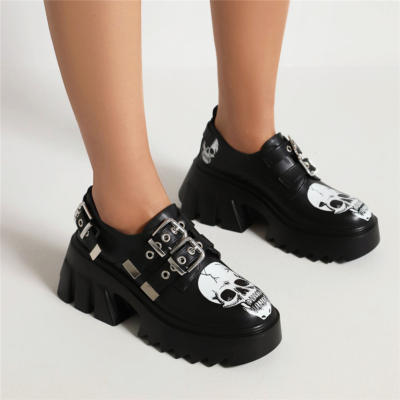 Black Matte Platform Loafers Chunky Heel Buckle Double Strap Skull Print Gothic Shoes