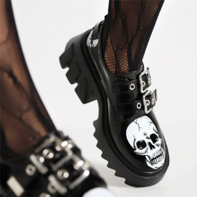 Black Patent Platform Loafers Chunky Heel Buckle Double Strap Skull Print Gothic Shoes