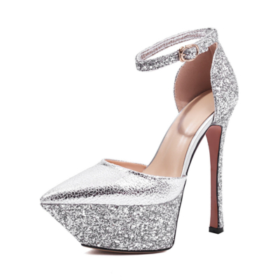 Silver Glitter Ankle Strap Platform Stiletto Sandals D'orsay Evening Sandals Shoes