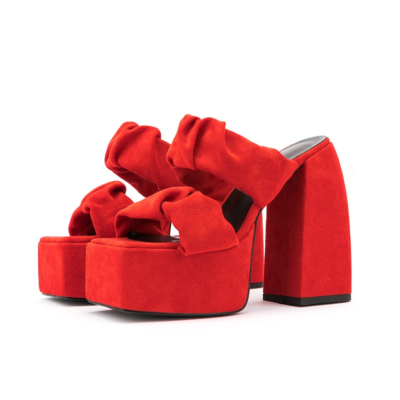 Red Plisse Chunky Heel Platform Mule Sandals Double Strap Suede Mules Heels