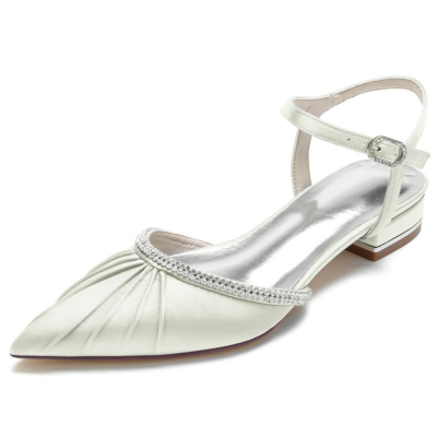 Ivory Plisse Rhinestones Flats Satin Ankle Strap Flat Women Shoes for Dance