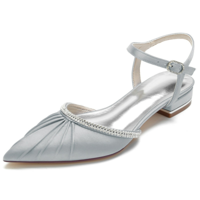 Grey Plisse Rhinestones Flats Satin Ankle Strap Flat Women Shoes for Dance