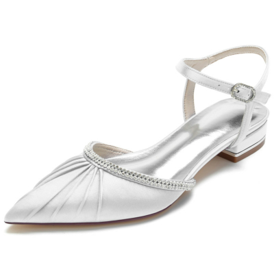 White Plisse Rhinestones Flats Satin Ankle Strap Flat Women Shoes for Dance