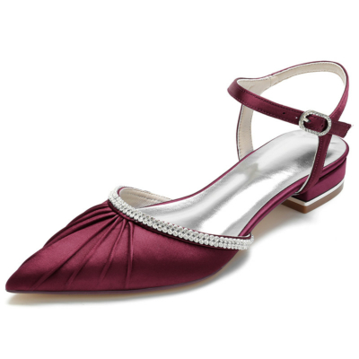 Burgundy Plisse Rhinestones Flats Satin Ankle Strap Flat Women Shoes for Dance