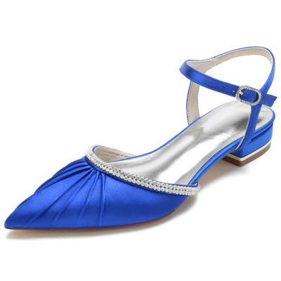 Royal Blue Plisse Rhinestones Flats Satin Ankle Strap Flat Women Shoes for Dance