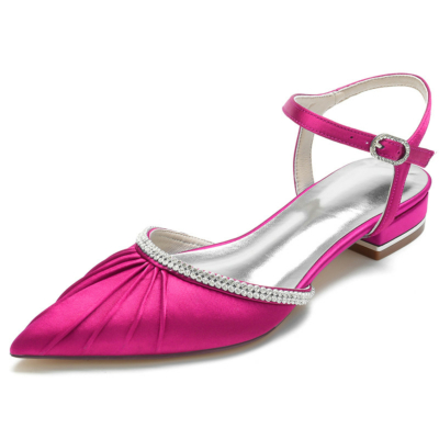 Magenta Plisse Rhinestones Flats Satin Ankle Strap Flat Women Shoes for Dance